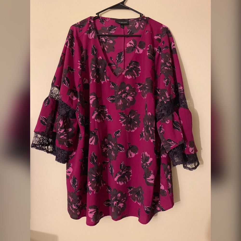 Purple floral and lace bell sleeve top